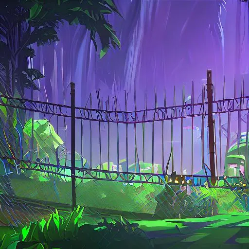 Prompt: high tech fence boundary electrified with jungle in the background