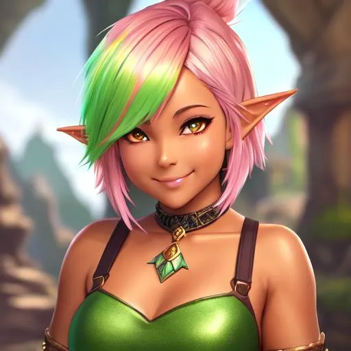 Prompt: oil painting, D&D fantasy, tanned-skinned-gnome girl, tanned-skinned-female, short, beautiful, short bright green and pink hair, twists cut hair, smiling, pointed ears, looking at the viewer, Wizard wearing intricate wizard outfit, #3238, UHD, hd , 8k eyes, detailed face, big anime dreamy eyes, 8k eyes, intricate details, insanely detailed, masterpiece, cinematic lighting, 8k, complementary colors, golden ratio, octane render, volumetric lighting, unreal 5, artwork, concept art, cover, top model, light on hair colorful glamourous hyperdetailed medieval city background, intricate hyperdetailed breathtaking colorful glamorous scenic view landscape, ultra-fine details, hyper-focused, deep colors, dramatic lighting, ambient lighting god rays, flowers, garden | by sakimi chan, artgerm, wlop, pixiv, tumblr, instagram, deviantart