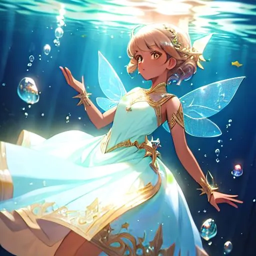 Prompt: pretry fairy, in a highly detailed ornate dress, sparkles, brown skin, underwater, light hair