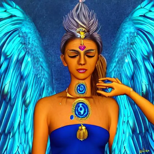Prompt: Hyper Realistic meditating Blonde fit young woman in golden chains with blue horns and 3 sets of white blue orange gradates wings using orange and blue gradients fine detail third eye emphasis on wings