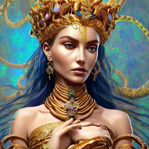 Prompt: A snake queen in human form,divine beauty on her face like goddess,head to belly posture only, golden bracelet on wrist,a queen's golden crown on her head embeded by blue opal,blue high quality abstract cloth