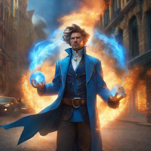 Prompt: A three-quarters portrait, A crazed cleric casting a huge blue fireball, blue arcane explosion, magic ripples, energy, steampunk,  dynamic pose, blue fire, burning background, burning city, explosion, blue glowing eyes, attack, Stanley Lau, Artgerm, Magali Villeneuve, Alphonse Mucha, artstation, octane render, cgsociety, HDR, UHD, 64k, best quality