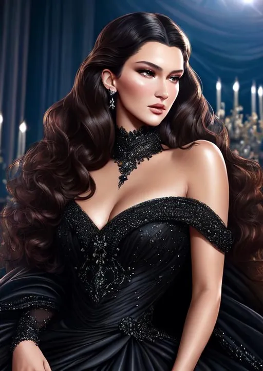 Prompt: a realistic lying down feminine elegant princess mix of Bella Hadid and Kendall Jenner, at a bal, with a black lace dress, balayage wild hair, royal vibe, highly detailed, digital painting, Trending on artstation , HD quality, 19 century, dark brown hair, 