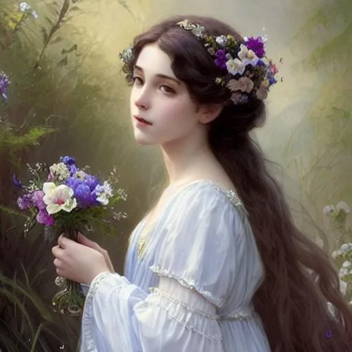 Prompt: Beautiful, cottage, core fantasy, young blue victorian princes holding a flower, full body shot, intricate, elegant, highly detailed painted, trending on art station, concept art smooth, sharp focus, illustration, Artgerm, Greg Rutkowski, Alfonso Mucha.