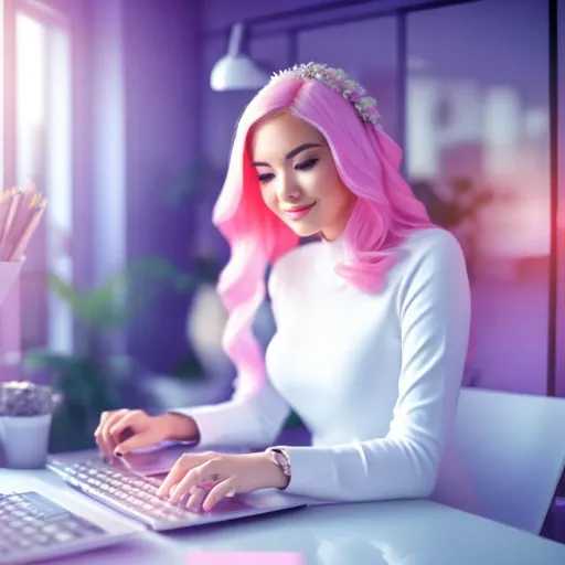 Prompt: Full body Portrait of {Girl typing on laptop in office hd} with {pink} hair and with cute face, {In the home office hd}, full body, perfect composition, hyperrealistic, super detailed, 8k, high quality, trending art , trending on artstation , sharp focus , Realistic background image of hd, intricate details, highly detailed.