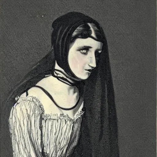 Prompt: A sad young woman in dark Victorian clothes wearing a veil, gothic style, haunted expression