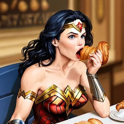 Prompt: wonder woman eating a delicious croissant