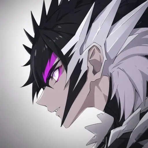Prompt: Male (spiky left side black and right side white multicolor hair) (Purple eyes)UHD, 8K, highly detailed, insane detail