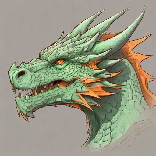 Prompt: Concept design of a dragon. Dragon head portrait. Coloring in the dragon is predominantly pale green with subtle orange streaks and details present.
