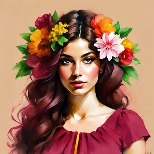 Prompt: flower woman in colors of maroon