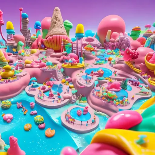 Prompt: a dessert city with a bubblegum museum, a gummy bear museum, and a melted ice cream pool