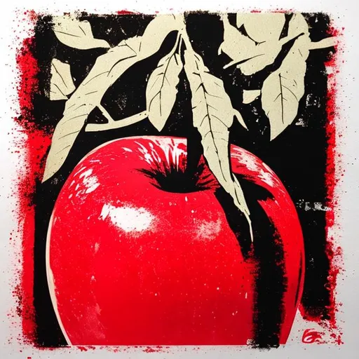 Prompt: red and black screenprint apple