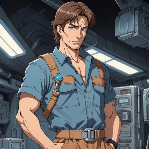 Prompt: middle aged man with brown hair, long face, prominent nose, and blue eyes wearing a slightly wrinkled, slightly dirty tan jumpsuit and wide belt with three utility pouches holding a futuristic wrench in his right hand and a cigarette in the left. classic anime style.