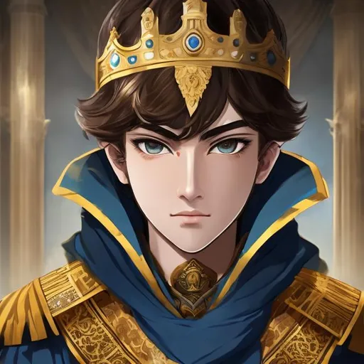 Prompt: a young kind emperor only the age of 22, with his short brown hair framing his face, white mask wraped around his heterochromia eyes of blue and gold.