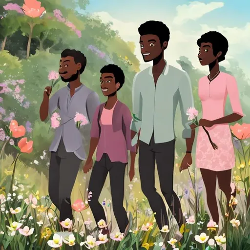 Prompt: Artwork showing 2 dashing black men in their early 20s both holding flower walking to two woman sitting by the roadside with flowers everywhere