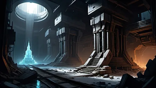 Prompt: very dark, complete darkness, mostly dark, huge underground cavern, colossal statues, ruins of a frosty fantasy city in a vast irregular crater, sewer, aerial view, view from above, top-down view, abandoned laboratory, thick pylons, blackened wreckage, scattered debris, dead trees, snowy, frozen, icy, icicles, ice, large obelisks, humanoid statuary, archways, eerie green lights, glowing blue sconces, ancient aztec architecture, polygonal buildings, curved paths, curved roads, curved walls, polygonal shapes, shattered domes, broken buildings, crumbled buildings, broken aqueducts, cold lighting, city lights, magical lighting, fantasy lighting, hyper realistic, highly detailed, somber mood, desolation of cybertron, exposed floors, exposed rooms, bent metal struts, exposed rebar, exposed wiring, exposed sewer system, futuristic cyberpunk tech-noir setting, robotic city, interconnected buildings, devastated infrastructure, loose wiring, busted pipes, broken spires, multiple levels, gloom, bioluminescent lichen, no vegetation