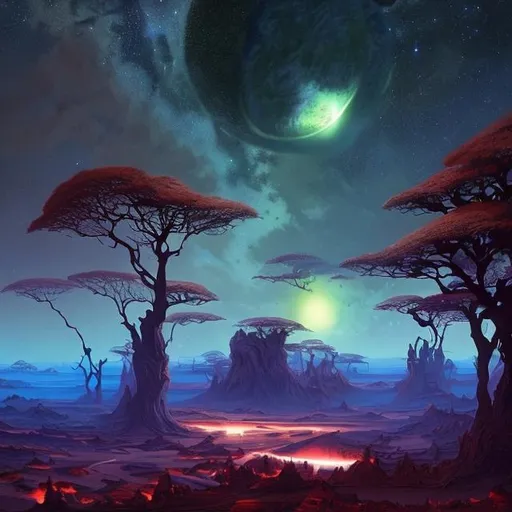 Prompt: Create a picture of Draxarya, a terrestrial planet with a diverse and mesmerizing landscape. The planet is approximately 1.5 times the size of Earth, boasting a gravity slightly stronger than that of our home planet. The surface is predominantly covered by vast, lush forests, adorned with bioluminescent flora that emanate a mesmerizing glow during the dark hours of the planetary rotation. The climate on Draxarya is temperate and mild, making it a pleasant environment for various life forms to thrive. The planet experiences gentle, refreshing rains that sustain its lush forests and fertile lands. The atmosphere is composed of a unique blend of gases, including a higher concentration of oxygen, resulting in a vivid blue sky with occasional wisps of iridescent clouds. Draxarya is orbited by two large moons, Sylvestra and Luminara. Sylvestra, the larger of the two, has a cratered surface that offers an awe-inspiring sight during lunar eclipses. Luminara, on the other hand, is a smaller, tidally-locked moon, which means one side constantly faces the planet while the other side remains in perpetual darkness.