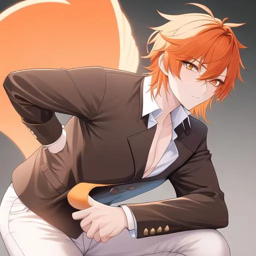 Prompt: Your OC is a little mangled horse, with gentle orange eyes. He has short orange hair.  casual but well-tailored clothes which normally consist of a dark top and light-colored pants. Masculine anime style. UHD, HD, 4K, highly detailed, insane detail