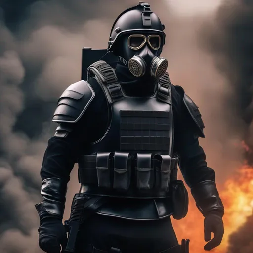 Prompt: A modern roman military male in black military armor, and gas mask, background war battle, Hyperrealistic, sharp focus, Professional, UHD, HDR, 8K, Render, electronic, dramatic, vivid, pressure, stress, nervous vibe, loud, tension, traumatic, dark, cataclysmic, violent, fighting, Epic