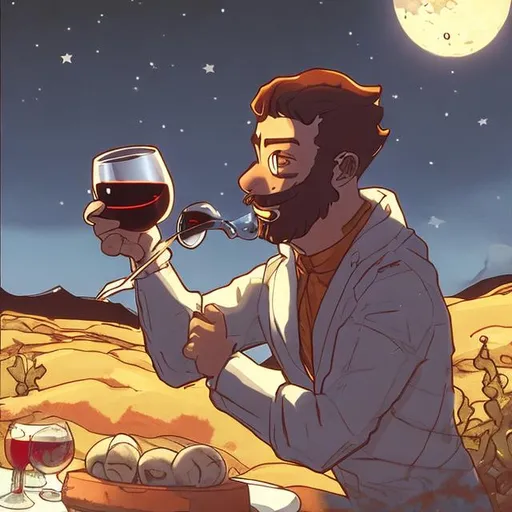 Prompt: a man dinking wine in moon