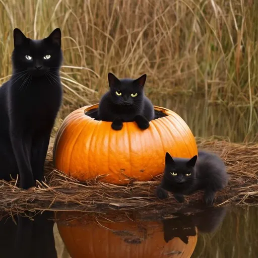 Prompt: A black cat wearing a pumpkin sitting in a swamp 