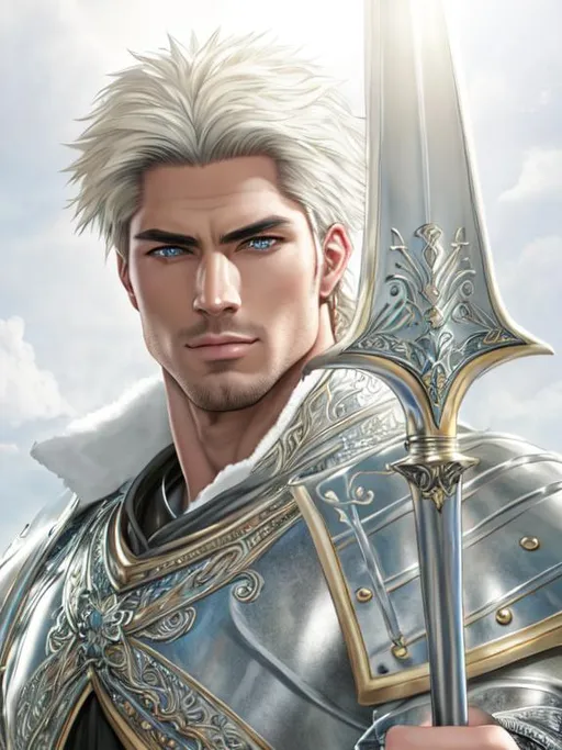 Prompt: UHD, 8k, high quality, ultra quality, Very detailed, high detailed face, high detailed eyes, anime style, medieval, fantasy, man, gorgeous, strong man, fitness, warrior, armor, holding a sword in hand