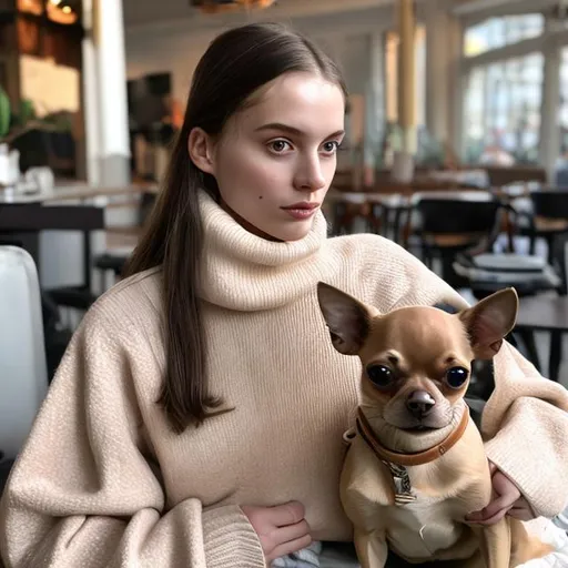 Prompt: sophisticated girl wearing a turtle-neck shirt and drinking coffee with a chihuahua