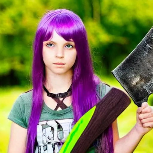 Prompt: a pretty young girl with purple hair and green eyes holding an axe