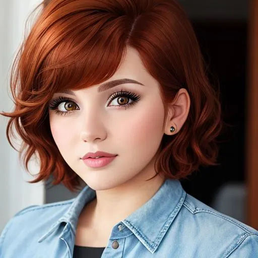 Prompt: 25 year old woman, reddish brown hair cut short, large brown eyes