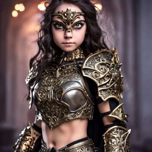 Prompt: hiperrealistic image, crazy girl with ornate gothic armor on her upper body, charming face, bright eyes, face half covered by armor, thigh fix, full body, 8K, movie lighting, visible muscular belly, without shoes