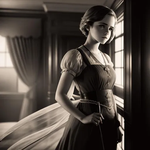 Prompt: old time photo of young emma Watson, dressed with 1920s very short hair, wearing dress, standing on Titanic, raw photo, photorealistic, High Detail, dramatic, UHD, HDR raw photo, realistic, sharp focus, 8K high definition, insanely detailed, intricate, high quality, 