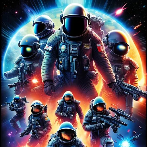 Prompt: badass pilots and crew space poster, armored helmet, explosions


