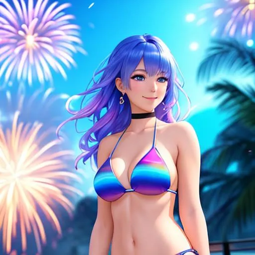 Prompt: anime waifu 18 age womans , in a color bikini , clean soft lighting, backlit beautiful face, full body picture clearly visible , perfect shining skin , wave rainbow hair, blue eyes , smiling, background fireworks display at night , color digital painting, trending on artstation, concept art, hyperrealism, cinematic lighting, unreal engine 64K UHD HDR , Studio Ghibli, Anime Key Visual, by Makoto Shinkai , Nagasawa Rosetsu , Professional photo