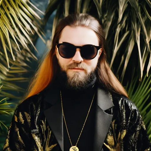 Prompt: Norwegian DJ with long hair and a long beard. He is wearing a black turtle neck and gold necklace. Danish modern house with tropical plants. He is wise and young. Star sunglasses.