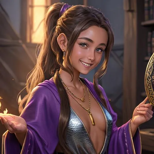 Prompt: oil painting, D&D fantasy, (23 years old) lightly tanned-skinned hobbit girl, (tiny petite body), beautiful face, mischievous grin, long ponytail light brown hair, mischievious grin looking at the viewer, wearing adventurer's chain mail and purple robes and casting a holy elemental spell #3238, UHD, hd , 8k eyes, detailed face, big anime dreamy eyes, 8k eyes, intricate details, insanely detailed, masterpiece, cinematic lighting, 8k, complementary colors, golden ratio, octane render, volumetric lighting, unreal 5, artwork, concept art, cover, top model, light on hair colorful glamourous hyperdetailed medieval city background, intricate hyperdetailed breathtaking colorful glamorous scenic view landscape, ultra-fine details, hyper-focused, deep colors, dramatic lighting, ambient lighting god rays, flowers, garden | by sakimi chan, artgerm, wlop, pixiv, tumblr, instagram, deviantart