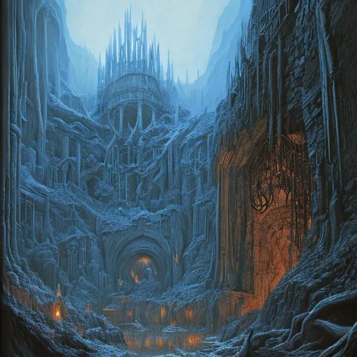 Prompt: Landscape painting, gates of the mines of Moria from the Lord of the Rings, dull colors, danger, fantasy art, by Hiro Isono, by Luigi Spano, by John Stephens