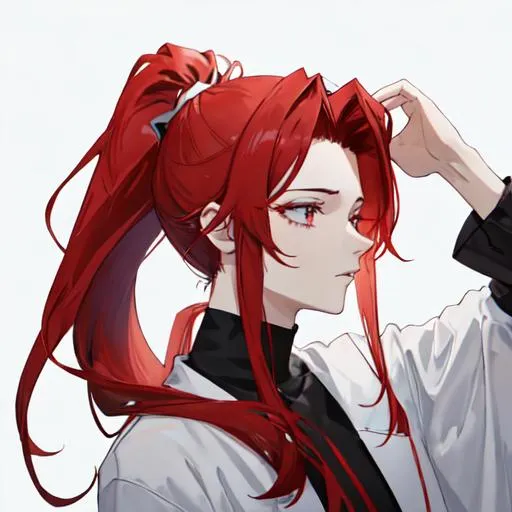 Prompt: Zerif 1male (Red side-swept hair covering his right eye) pulling his hair back into a ponytail, side profile, 8k, UHD, highly detailed, insane detail