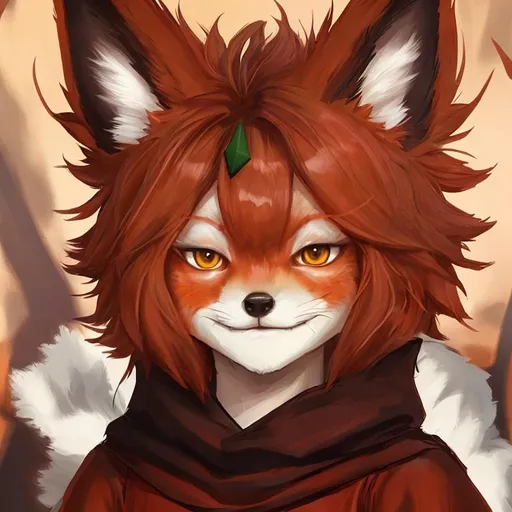 Prompt: make skin more look like bright red fur and the face a tiny bit more fox like. Add an arrowhead as necklace. Background blurred and green