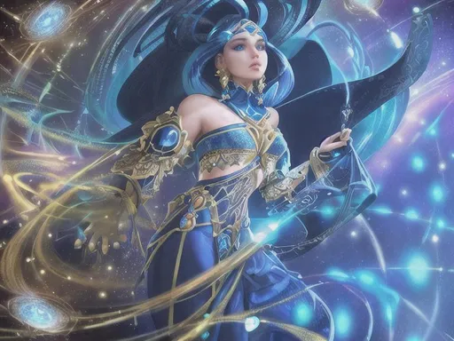 Prompt: Intricate portrait Dancer in the universe, full lips, blue eyes, string outfit, accurate, glowing, hyper-detailed, colorful, fantasy, award-winning CGI, HD, outer space, gloss