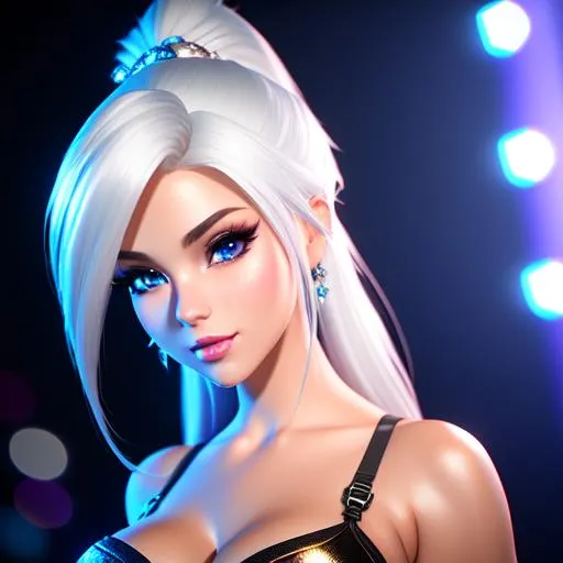 Prompt: {{{{highest quality 3d stylized character concept masterpiece}}}} best octane unreal engine 5 digital render with {{volumetric lighting}}, hyperrealistic intricate perfect 128k UHD HDR of
upper body image of flirtatious seductive stunning gorgeous beautiful feminine 22 year old anime like modern rave dj with 
{{white hair}} and {{blue eyes}} wearing {{body tight mesh rave outfit}} with deep exposed cleavage,
soft skin and red blush cheeks and cute sadistic smile and {{seductive love gaze at camera}}, 
perfect anatomy in perfect composition of professional long shot sharp focus photography, 
cinematic 3d volumetric dramatic lighting with backlit backlight, 
{{sexy}}, 
{{huge breast}}
