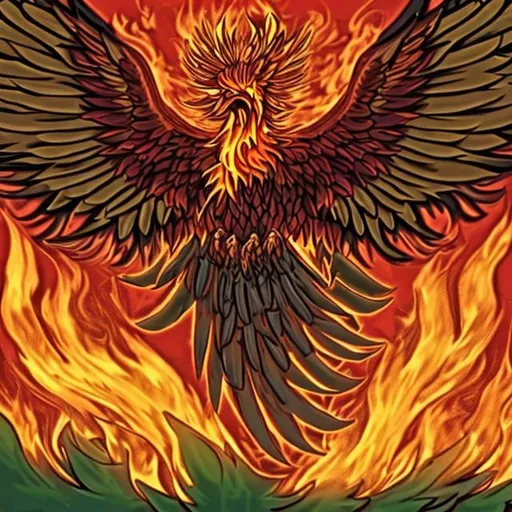 Prompt: A cartoon image of a Phoenix rising from flames holding on to a cannabis leaf