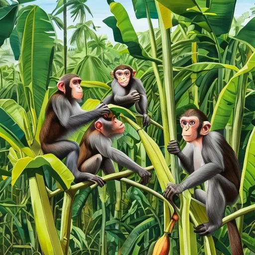 Prompt: Monkeys raiding a banana grove in acrylic