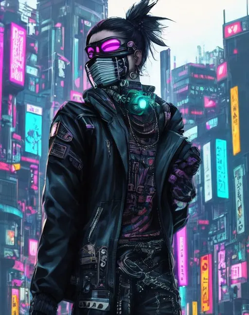Prompt: person with a mask cyberpunk as a face wearing an outfit from the   Cyberpunk World, The back ground will have look futuristic city as my background, and the person is holding a Katana, can the neck be fixed 