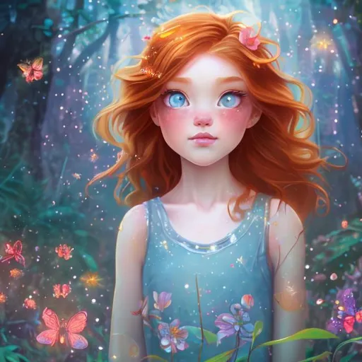 Prompt: girl on 25 with red hair and shining blue eyes, flowers in her hair, perfect anatomy in Magical forest with glittering around, golden dust, fireflies, perfect composition, best quality, best lightning 