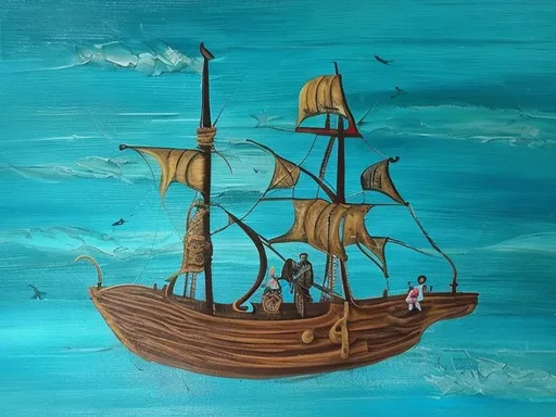 Prompt: Change this painting to a pirate sailing ship 