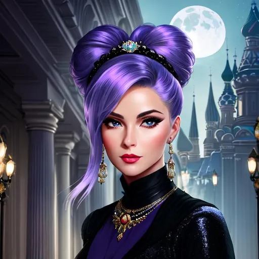 Prompt: head-on, bust, surreal cartoon,Stunning, glossy portrait of a stunning woman with lavender grey hair pulled back into a bun, she is dressed like a Russian princess, high fashionista, metallic black fabric fabric, dramatic jewelry, dramatic necklace with a tiny dagger that looks real, background is architecture lit by the moon,  trending on artstation