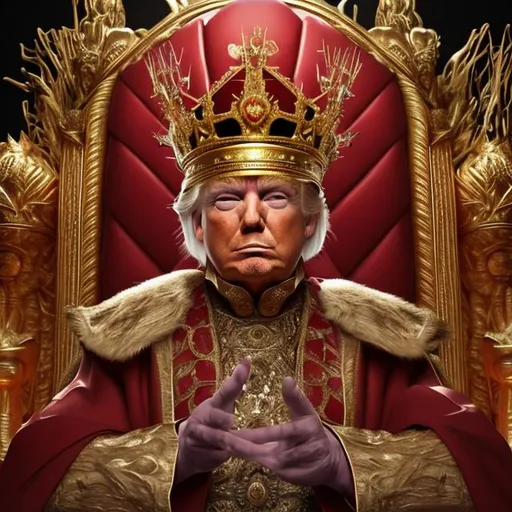 Prompt: Donald trump sitting on a throne, wearing a gold crown that is tipped to the side and crested with large red jewels, hyper realistic, 3d rendering, 4k resolution 