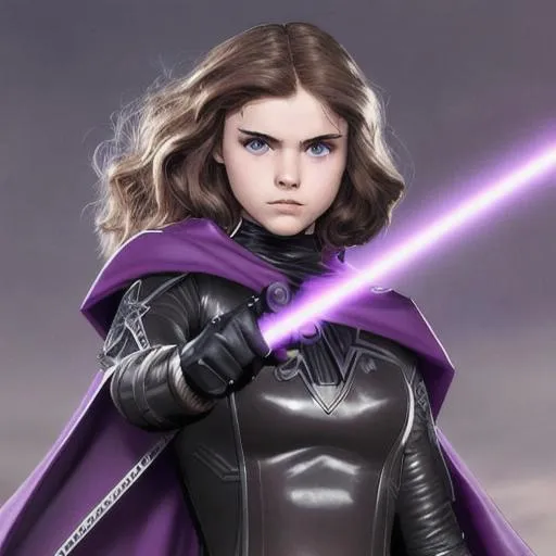 Prompt: teenage girl superhero with brown hair and gray eyes, black latex suit with dark purple trim. Purple cape, knee-high black boots like Anakin Skywalker, silver belt, holding fire with hands, 3D, fantasy, fine-tuned, intricately detailed, detailed face, realistic