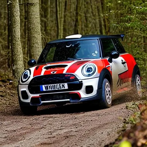 Prompt: A back 2018 mini John cooper works rallying through a welsh forest 
