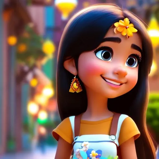 Prompt: Disney, Pixar art style, CGI, mexican girl with long straight black hair, tan, sturdy body, big eyebrow, strong chubby  body, tween girl